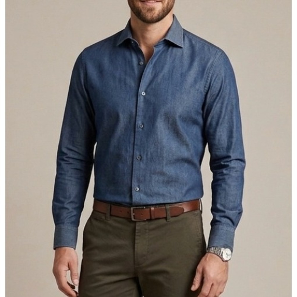 Theory Dover Spr Bryer Mens 15R 32-33 Indigo Blue Stretch Button Up Shirt